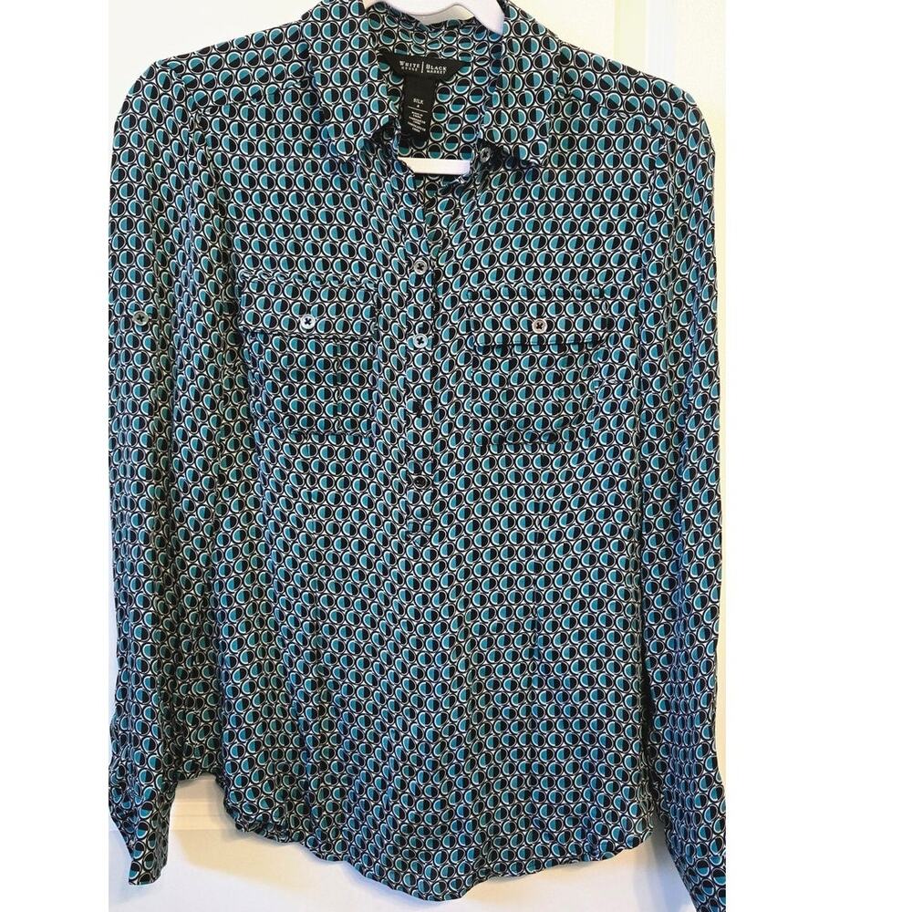 White House Black Market 100% Silk Blouse Sz 4 Teal Geometric Roll Tab Shirt